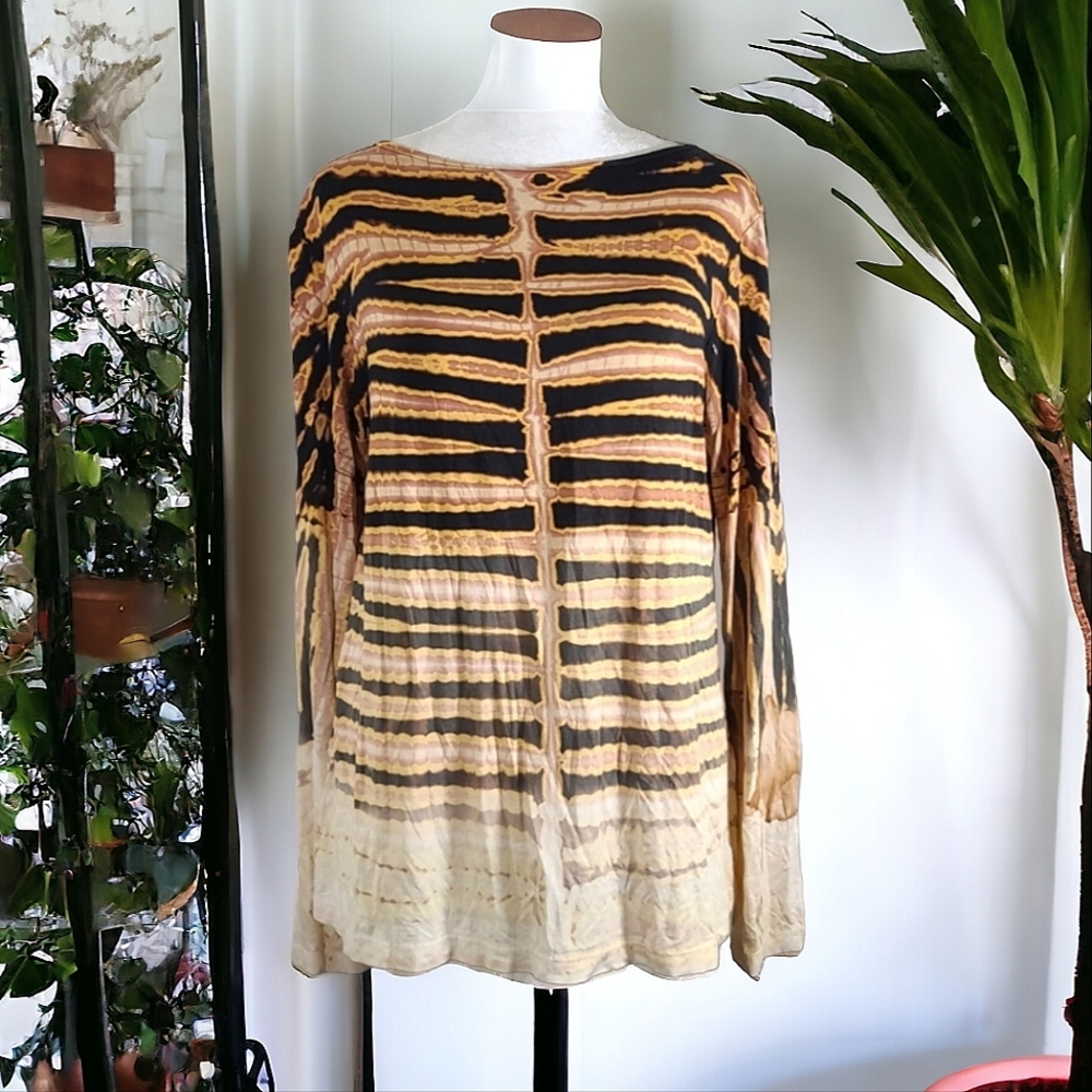 Annie Turbin Women's Brown Tie Dye Long Sleeve Boat Neck Top Size 2